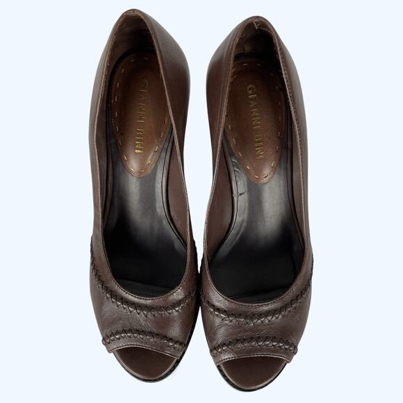 Gianni Bini Brown Leather Open Toe Wedge Heels 7.5M - Picture 3 of 7